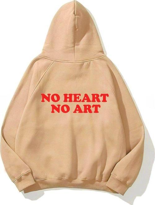 Kapüşonlu Içi Polar No Heart No Art Baskılı Bej Unisex Hoodie Sweatshirt