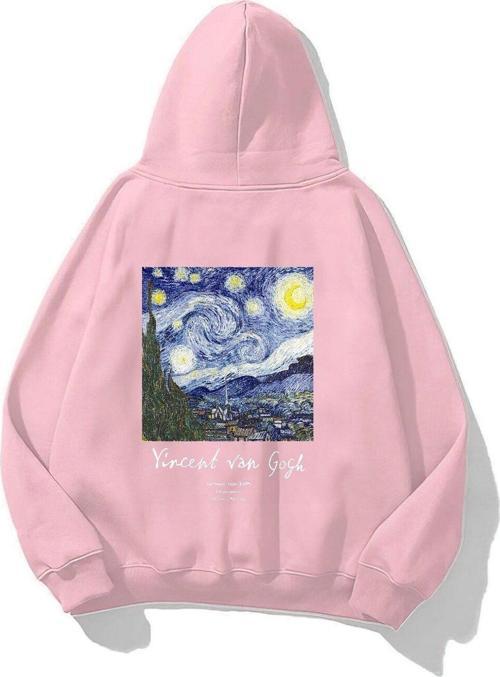 Kapüşonlu Içi Polar Vincent Van Gogh Baskılı Pembe Unisex Hoodie Sweatshirt