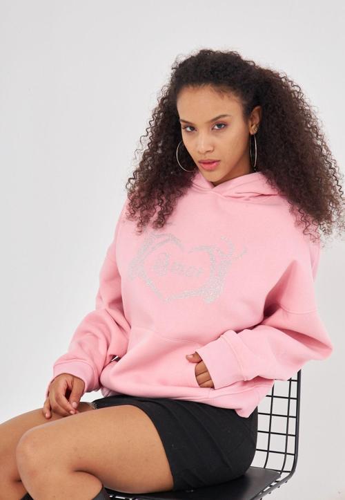 Amor Yazılı Taş Baskılı Kapüşonlu İçi Polar Oversize Pembe Sweatshirt