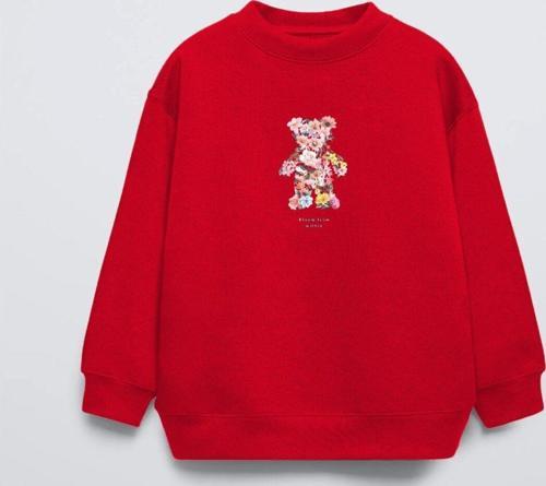 Kırmızı Çocuk Çiçekli Ayıcık Baskılı Bisiklet Yaka Oversize Sweatshirt