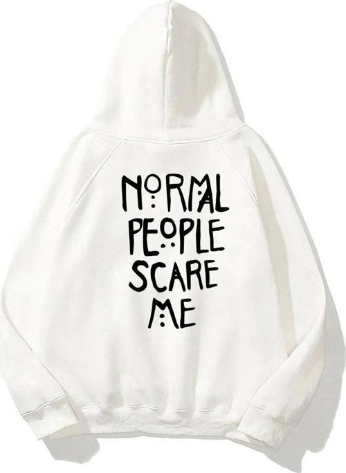 Kapüşonlu Içi Polar Normal People Scare Me Baskılı Beyaz Unisex Hoodie Sweatshirt
