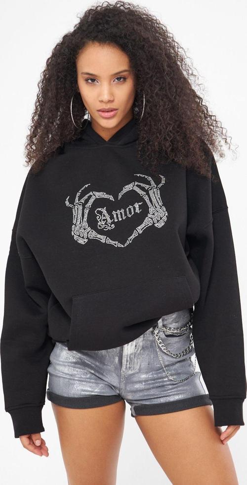 Amor Yazılı Taş Baskılı Kapüşonlu İçi Polar Oversize Siyah Sweatshirt