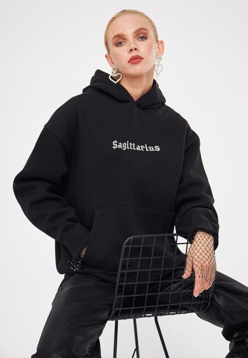 Kapüşonlu Içi Polar Sagittarius Yazılı Taş Baskılı Siyah Oversize Hoodie Sweatshirt