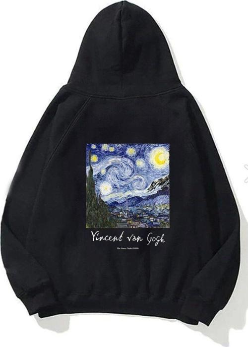 Kapüşonlu Içi Polar Vincent Van Gogh Baskılı Siyah Unisex Hoodie Sweatshirt