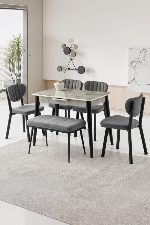 Mini 60 x 100 Milano Mdf Ortadan Açılır Masa 4 Ad Esinti Sandalye 1 Ad sırtsız Mini Bench 