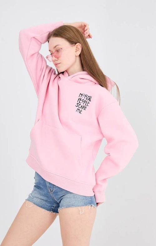 Kapüşonlu Içi Polar Normal People Scare Me Baskılı Pembe Unisex Hoodie Sweatshirt