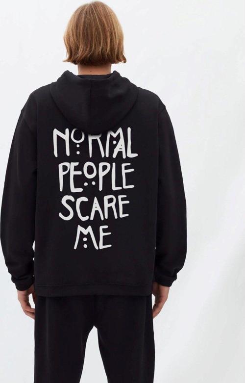 Kapüşonlu Içi Polar Normal People Scare Me Baskılı Siyah Unisex Hoodie Sweatshirt