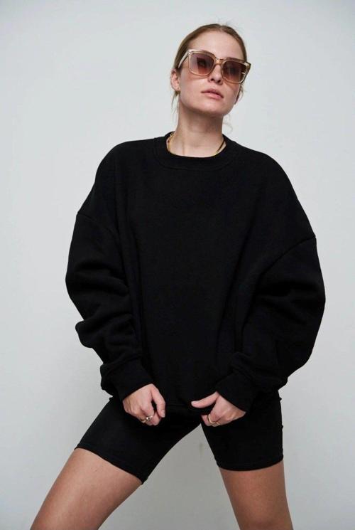 Bisiklet Yaka İçi Polar Siyah Unisex Oversize Sweatshirt