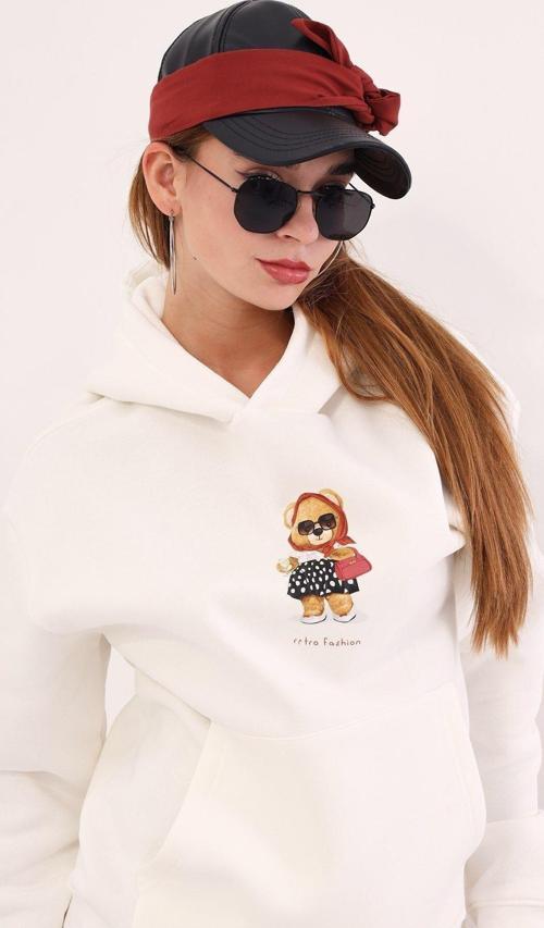 Kapüşonlu Içi Polar Ayıcık Baskılı Siyah Unisex Hoodie Sweatshirt