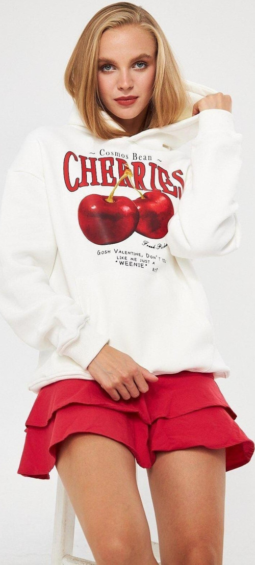 Kapüşonlu Içi Polar Cherries Yazılı Kiraz Baskılı Beyaz Oversize Hoodie Sweatshirt