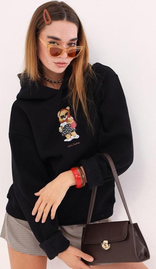 Kapüşonlu Içi Polar Teddy Bear Retro Fashion Baskılı Siyah Unisex Hoodie Sweatshirt