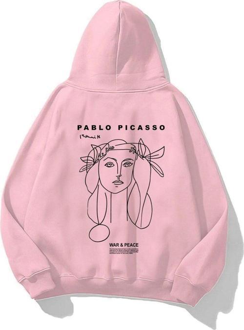 Kapüşonlu Içi Polar War & Peace Baskılı Pembe Unisex Hoodie Sweatshirt