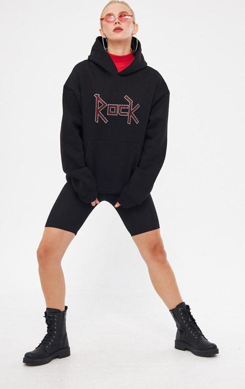 Kapüşonlu Içi Polar Rock Yazılı Taş Baskılı Siyah Oversize Hoodie Sweatshirt