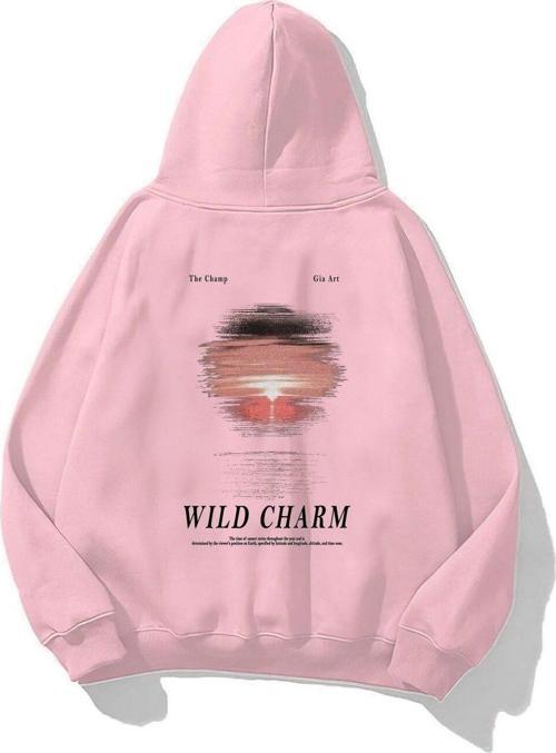 Kapüşonlu Içi Polar Wıld Charm Baskılı Pembe Unisex Hoodie Sweatshirt