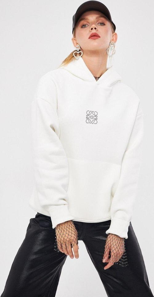 Kapüşonlu Içi Polar Taş Baskılı Beyaz Oversize Hoodie Sweatshirt