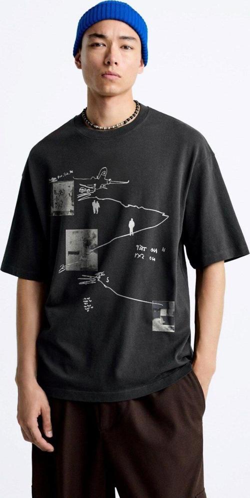 Art Work Baskılı Oversize Siyah Erkek T-Shirt