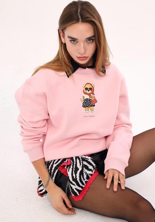 Pembe Bisiklet Yaka Puantiyeli Ayıcık Baskılı Oversize Unisex Sweatshirt
