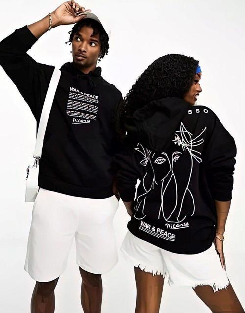 Kapüşonlu Içi Polar War & Peace Baskılı Siyah Unisex Hoodie Sweatshirt