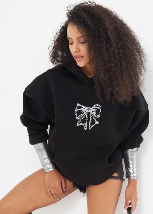 Fiyonk Desen Taş Baskılı Kapüşonlu İçi Polar Oversize Siyah Sweatshirt