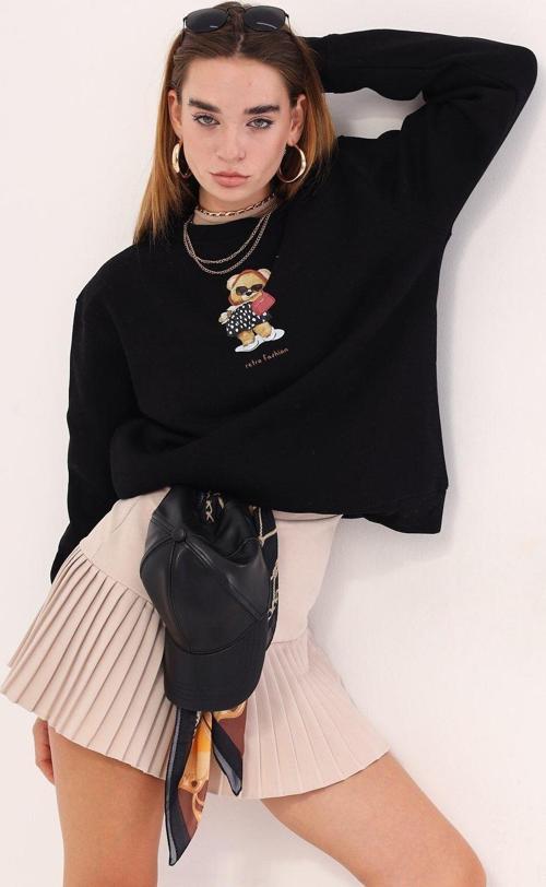 Siyah Bisiklet Yaka Puantiyeli Ayıcık Baskılı Oversize Unisex Sweatshirt