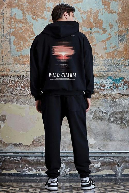 Kapüşonlu Içi Polar Wıld Charm Baskılı Siyah Unisex Hoodie Sweatshirt