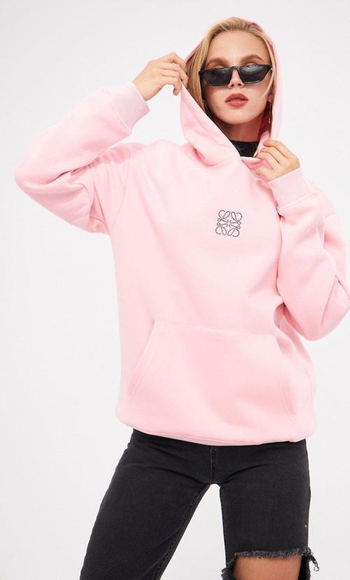 Kapüşonlu Içi Polar Taş Baskılı Pembe Oversize Hoodie Sweatshirt