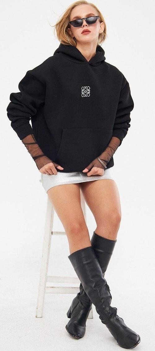 Kapüşonlu Içi Polar Taş Baskılı Siyah Oversize Hoodie Sweatshirt