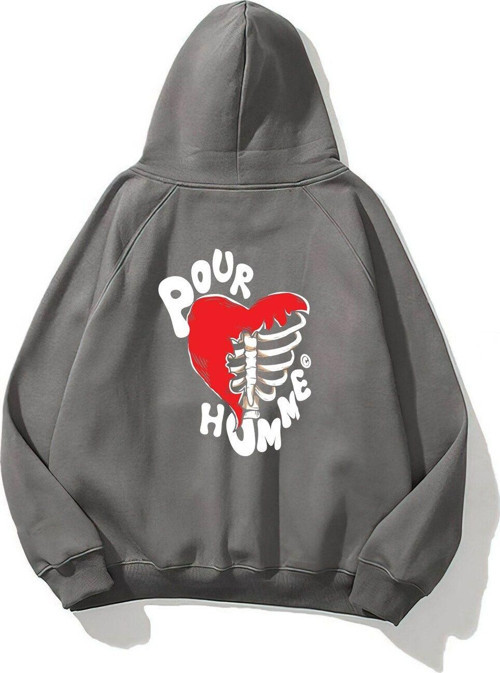 Kapüşonlu Içi Polar Kalp Iskelet Baskılı Füme Unisex Hoodie Sweatshirt