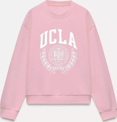 Ucla Yazı Baskılı Bisiklet Yaka İçi Polar Oversize Kesim Unisex Pembe Sweatshirt