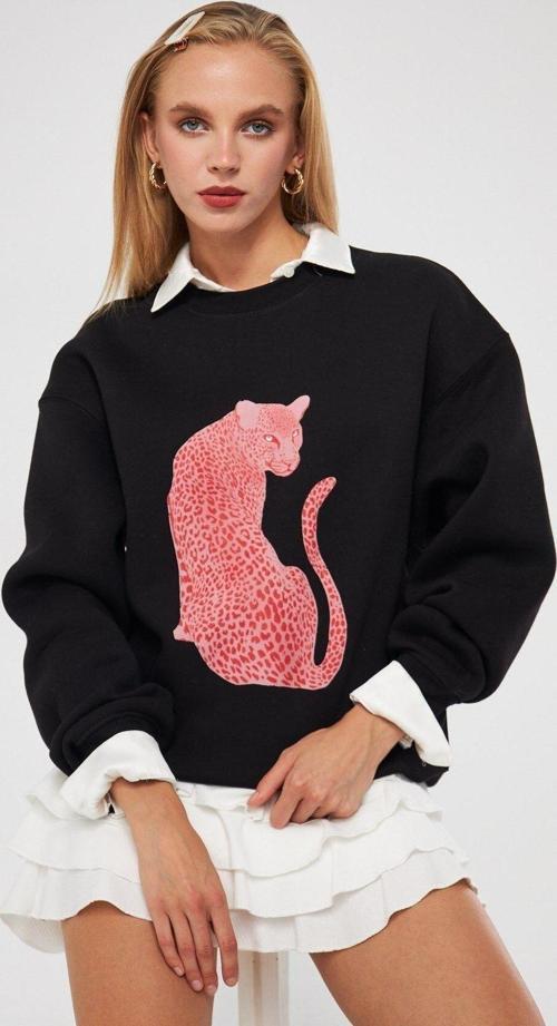 Bisiklet Yaka İçi Polar Leopar Baskılı Siyah Oversize Sweatshirt