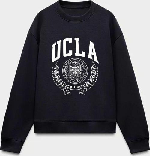 Ucla Yazı Baskılı Bisiklet Yaka İçi Polar Oversize Kesim Unisex Siyah Sweatshirt