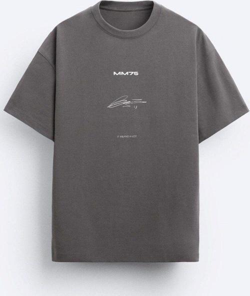 İmza Baskılı Oversize Füme Erkek T-Shirt