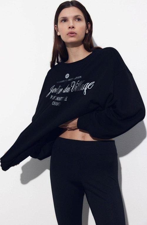Siyah Bisiklet Yaka Içi Polar Jardin Du Village Yazı Baskılı Oversize Sweatshirt