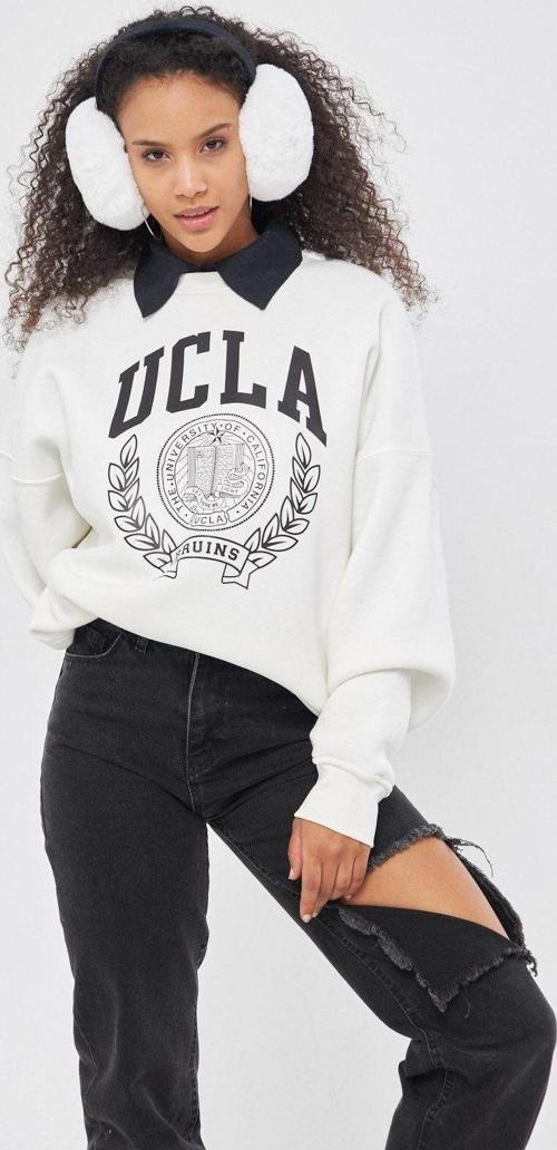 Ucla Yazı Baskılı Bisiklet Yaka İçi Polar Oversize Kesim Unisex Beyaz Sweatshirt
