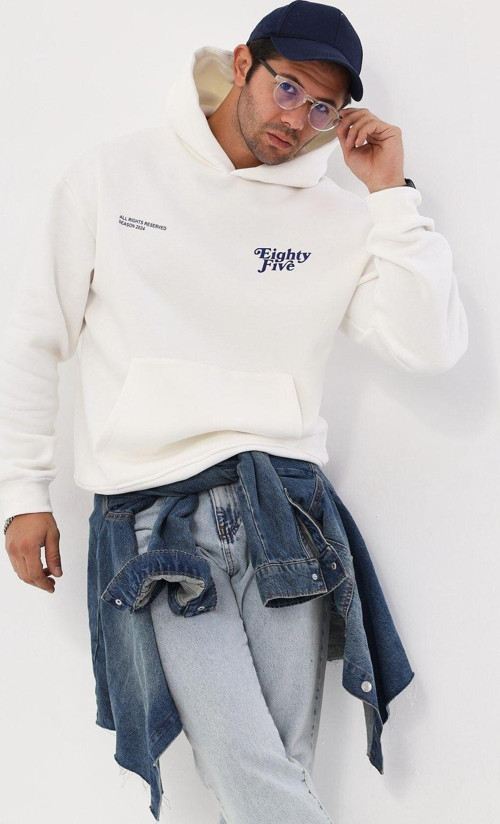 Kapüşonlu Içi Polar Eighty Five Yazı Baskılı Beyaz Oversize Hoodie Sweatshirt