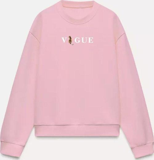 Vogue Yazı Baskılı Bisiklet Yaka İçi Polar Oversize Kesim Unisex Pembe Sweatshirt