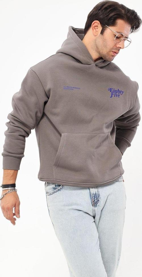 Kapüşonlu Içi Polar Eighty Five Yazı Baskılı Füme Oversize Hoodie Sweatshirt