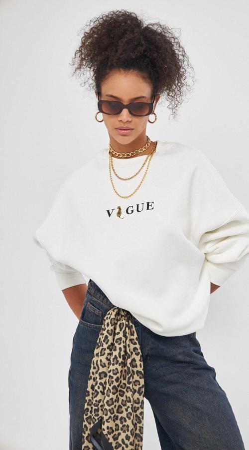 Vogue Yazı Baskılı Bisiklet Yaka İçi Polar Oversize Kesim Unisex Beyaz Sweatshirt