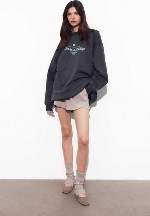 Füme Bisiklet Yaka Içi Polar Jardin Du Village Yazı Baskılı Oversize Sweatshirt