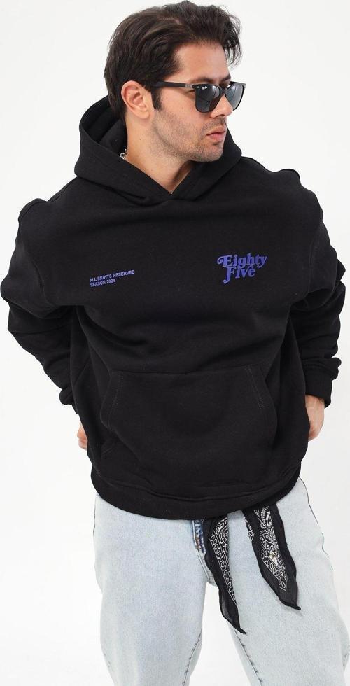 Kapüşonlu Içi Polar Eighty Five Yazı Baskılı Siyah Oversize Hoodie Sweatshirt