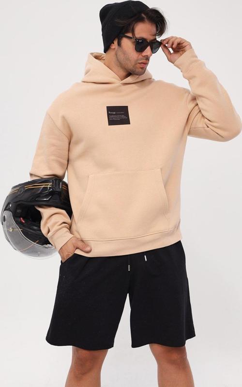 Kapüşonlu Içi Polar Syzygy Yazı Baskılı Bej Oversize Hoodie Sweatshirt