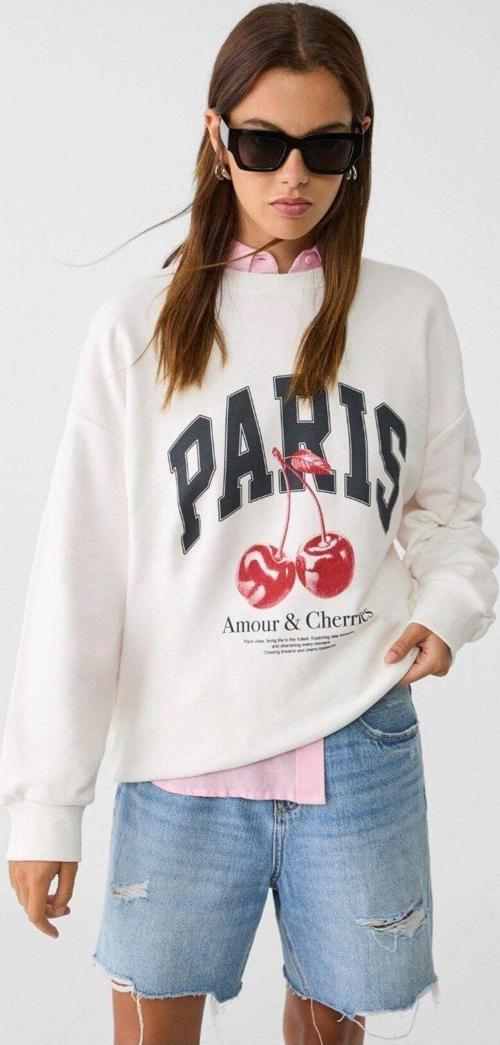 Bisiklet Yaka İçi Polar Paris Yazılı Kiraz Baskılı Beyaz Oversize Sweatshirt