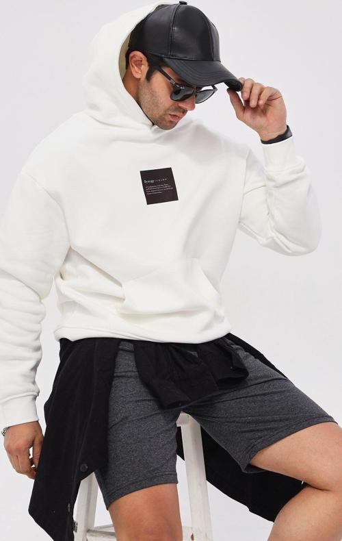 Kapüşonlu Içi Polar Syzygy Yazı Baskılı Beyaz Oversize Hoodie Sweatshirt