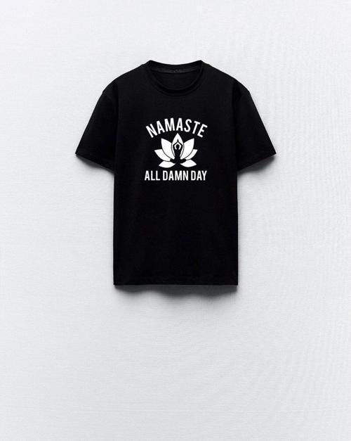 Namaste All Damn Day Yazılı Yoga Tasarım Baskılı Siyah Kadın T-Shirt