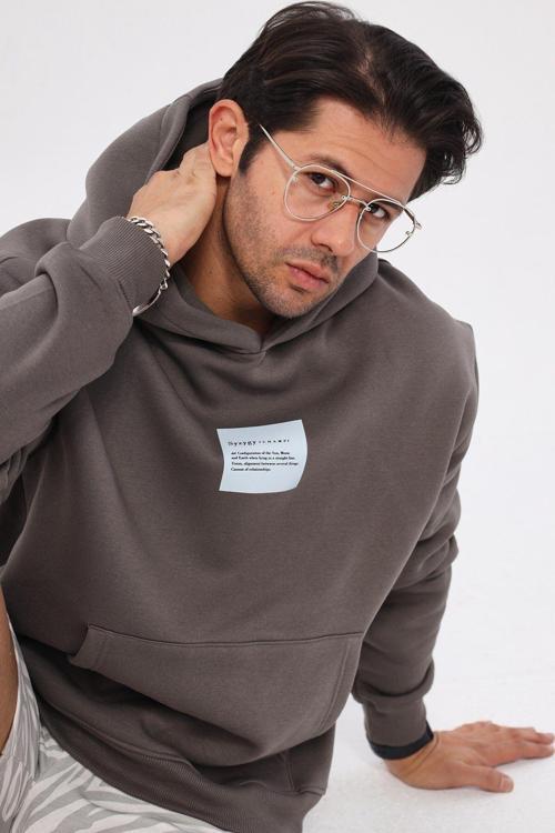 Kapüşonlu Içi Polar Syzygy Yazı Baskılı Füme Oversize Hoodie Sweatshirt