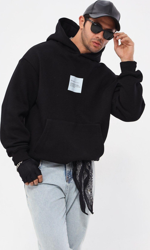 Kapüşonlu Içi Polar Syzygy Yazı Baskılı Siyah Oversize Hoodie Sweatshirt