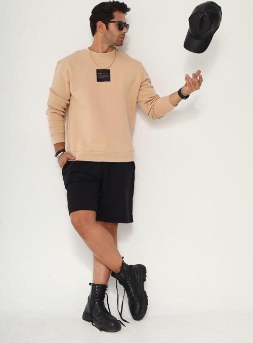 Bisiklet Yaka İçi Polar Syzygy Yazı Baskılı Bej Oversize Sweatshirt
