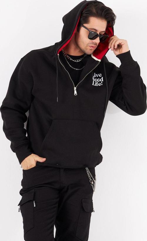 Arka Baskı Detaylı Live Good Life Yazılı Kapüşonlu Bağcıklı Fermuar Kapamalı Oversize Sweatshirt