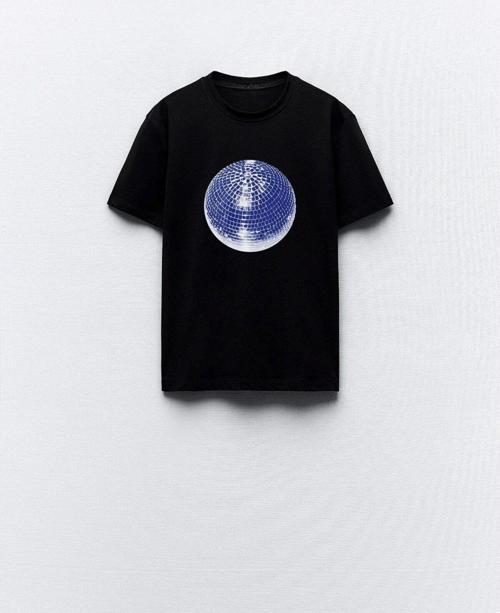 Disko Topu Tasarım Baskılı Siyah Kadın T-Shirt