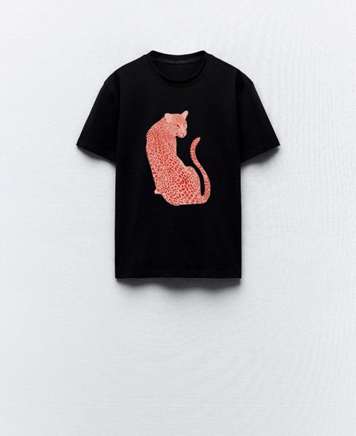 Leopar Tasarım Baskılı Siyah Kadın T-Shirt